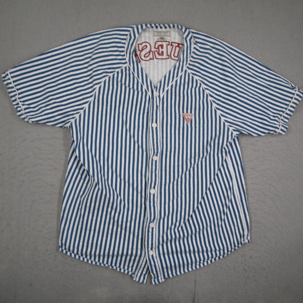Guess Jeans Mens Blue White Striped Baseball Jersey Shirt Large M81P78R5DD2